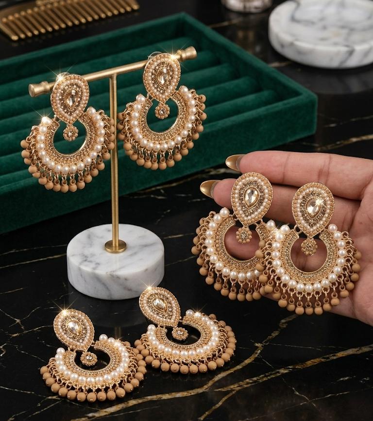 Luxury Pearl Chandbali Earrings – Traditional Gold Plated Bridal & Party Wear Jewellery